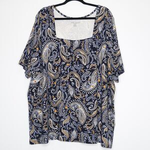 Jessica London Womens Top Plus Size 38/40 Blue Paisley Square‎ Neck Boho